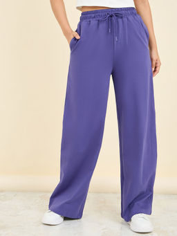 Styli - Women Purple French Terry Solid Wide Leg Cotton Pant