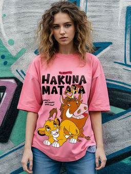 Bewakoof - Official Disney Women's Pink No Worries Graphic Printed Oversized T-shirt