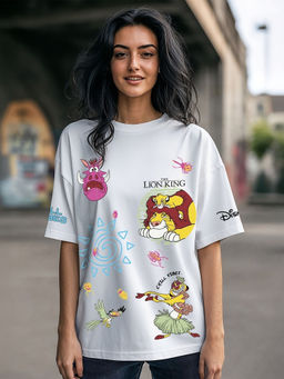 Bewakoof - Official Disney Women's White Chill Vibes Graphic Printed Oversized T-shirt