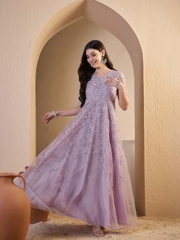 INDDUS - Women Floral Thread Embroidered Ethnic Dresss