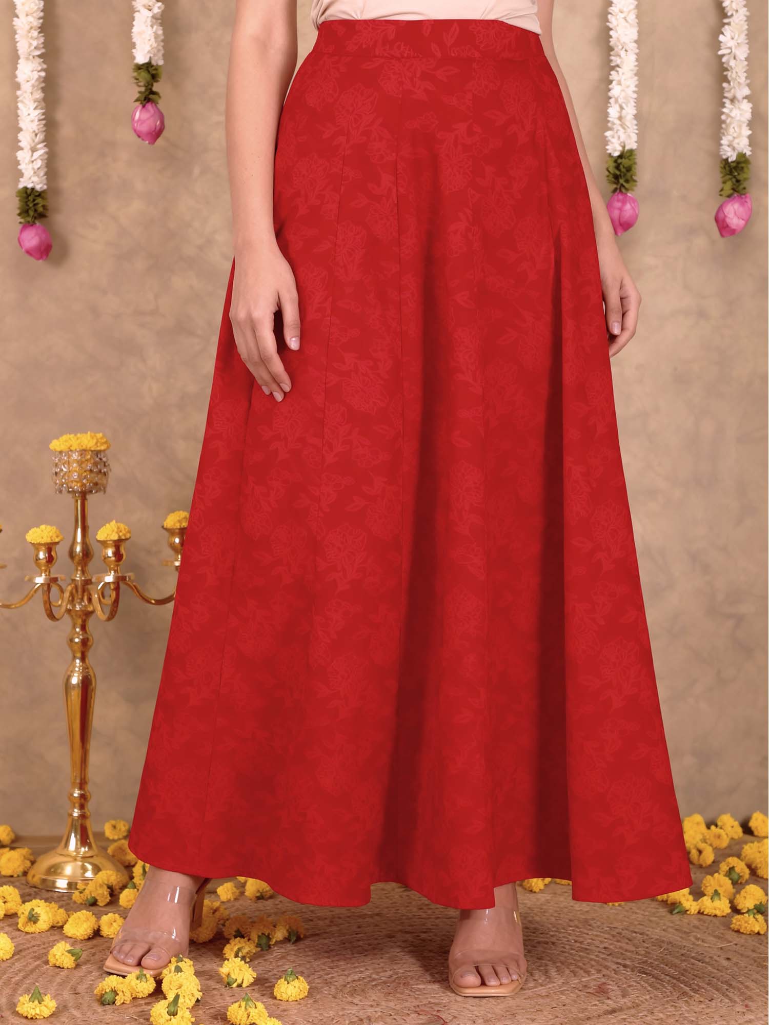 Red Ankle Length Floral Printed Skirt-image-37