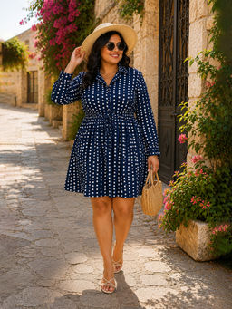 Qurvii - Navy Blue Polka Collared Fit And Flare Dress