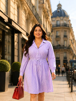 Qurvii - Lavender Polka Collared Fit And Flare Dress