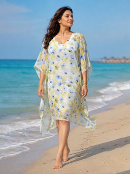 Qurvii - Floral Print Georgette Kaftan Dress