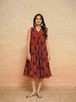 GOODHAND - Women's Red Floral Printed Pure Cotton Sleeveless Midi Dress