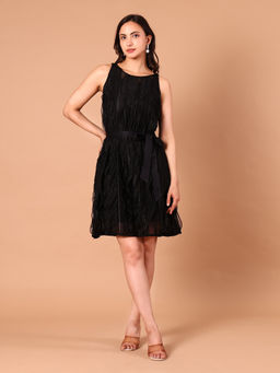 CLASYY - Black Sheer Wave-Textured Dress With Belt