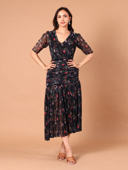 CLASYY - Floral Print Shimmer Midi Dress