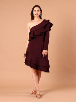 CLASYY - Burgundy One-Shoulder Ruffle Dress