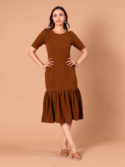 CLASYY - Rust Brown Pleated Midi Dress