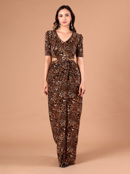 CLASYY - Leopard Print Cutout Waist Maxi Dress