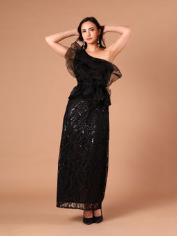 CLASYY - Black One-Shoulder Organza Ruffle Sequin Dress