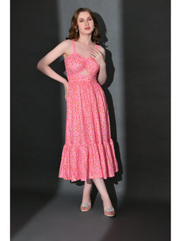 GARDEN PARTY - Women Pink Floral Print Cut-Out Tiered A-Line Midi Dress