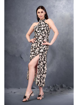 GARDEN PARTY - Floral Print Halter Neck A-Line Midi Dress