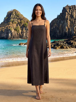 PURVAJA - Women's Dark Brown Fit And Flare Midi Sleeveless Dress