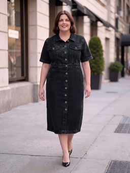 Style Quotient - Women Plus Size Black Denim Shirt Dress