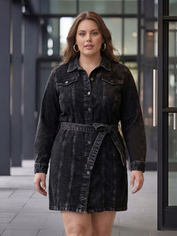 Style Quotient - Women Plus Size Black Denim Shirt Dress With Belt