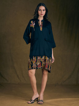 Yamini’s - Women's Navy Blue Pure Cotton Kalamkari Printed Shift Dress