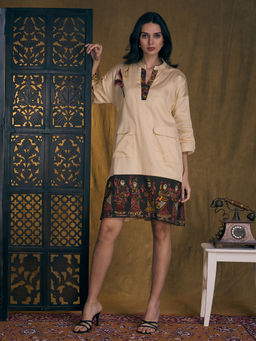 Yamini’s - Women's Beige Pure Cotton Kalamkari Printed Shift Dress With Embroidered Bird Motif