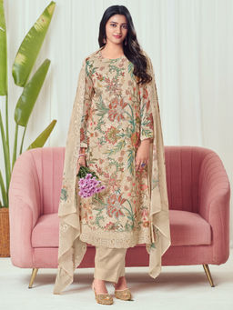 Stylee LIFESTYLE - Beige Georgette Embroidered Unstitched Kurta with Pant & Dupatta