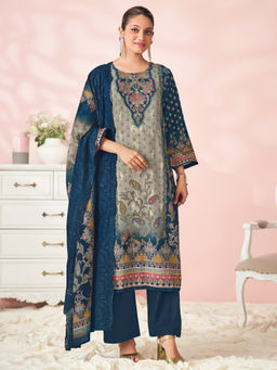 Stylee LIFESTYLE - Navy Blue Lawn Cotton Embroidered Unstitched Kurta with Pant & Dupatta