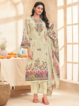 Stylee LIFESTYLE - Cream Lawn Cotton Embroidered Unstitched Kurta with Pant & Dupatta