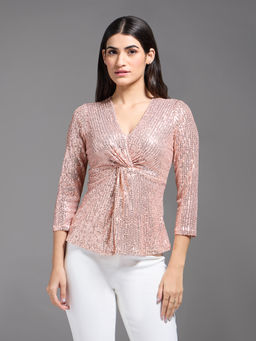 Twenty Dresses by Nykaa Fashion - Rose Gold Sequin V Neck Peplum Top