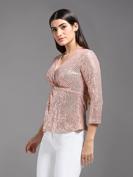 Buy Twenty Dresses by Nykaa Fashion Rose Gold Sequin V Neck Peplum Top  Online