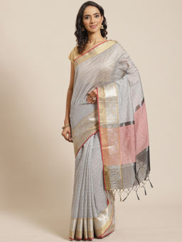 Indethnic - Banarasi Grey Checks Work Wear Saree With Unstitched Blouse