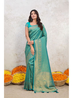 ISHKIYA - Teal Woven Saree with Unstitched Blouse