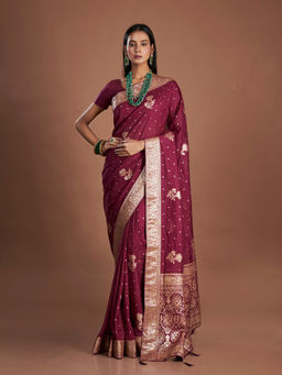 ISHKIYA - Burgundy Woven Saree with Unstitched Blouse