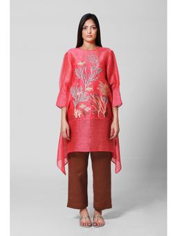 OJA - Red Blossom Silk Kurta and Pant with Inner (Set of 3)