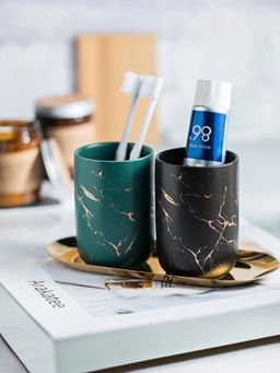 The Better Home - Ceramic Toothbrush Holders with Tray - Black & Green