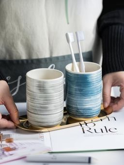 The Better Home - Ceramic Toothbrush Holders with Tray - Blue & Grey