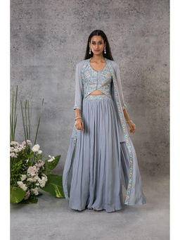 Pritika Vora - Powder Blue Waistcoat with Lehenga & Blouse (Set of 3)