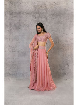Pritika Vora - Onion Pink Lehenga with Scallop Dupatta & Blouse (Set of 3)