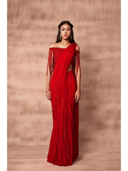 Pritika Vora - Flame Red Hand Embroidered Saree with Off-Shoulder Tassel Blouse with Stitched