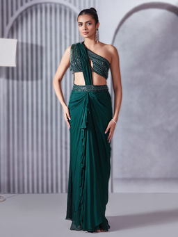 Pritika Vora - Forest Green One-Shoulder Draped Saree with Blouse with Stitched