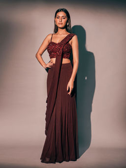 Pritika Vora - Maroon Corset Style Blouse Paired with Saree with Stitched Blouse