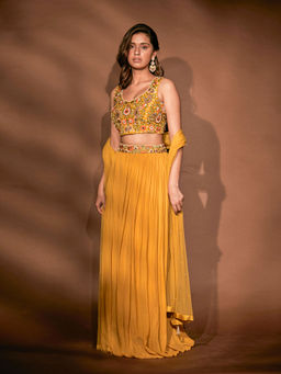 Pritika Vora - Mustard Embroidered Blouse with Lehenga & Dupatta (Set of 3)