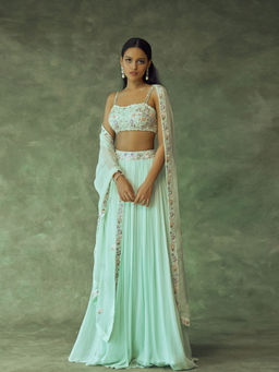 Pritika Vora - Mint Green Hand Embroidered Lehenga with Blouse & Dupatta (Set of 3)