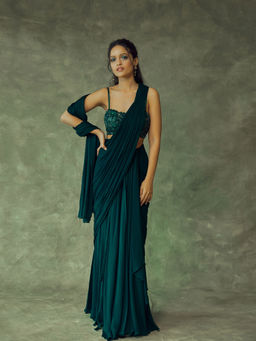 Pritika Vora - Forest Green Draped Saree with Blouse with Stitched
