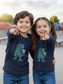 Oh Rare - Unisex Navy Full Sleeves Dinosaur Print T-Shirt
