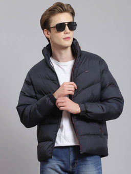 Monte Carlo - Navy Blue Solid High Neck Jacket