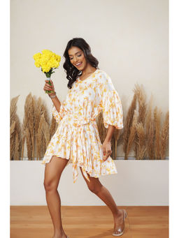 SALVIA SKY - Floral Printed Frill Dress with Belt (Set of 2)