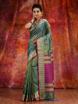 CHARUKRITI - Green Blend Tusser Duel Tone Saree and Geometric Design in Pallu & Unstitched Blouse