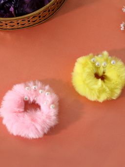 Estele - Multicolor Fluffy Fur Rubber Bands With Pearls for Women or Girl Pack of 2
