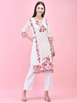 Shree - Women Liva Rayon White Floral Print Kurta