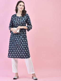 Shree - Women Cotton Indigo Floral Print Kurta