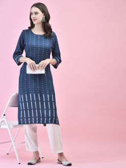 Shree - Women Liva Rayon Navy Blue Print Kurta