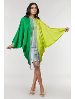 Wendell Rodricks - Green Half N Half Fringe Yoke Dress with Inner (Set of 2)